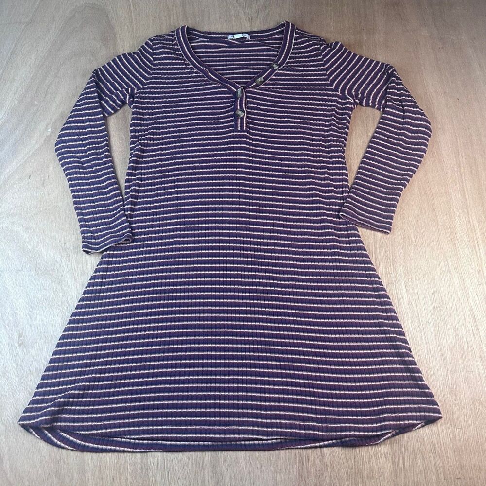 American Eagle Women’s Large Striped Long Sleeve Dress Tunic Henley Burgundy